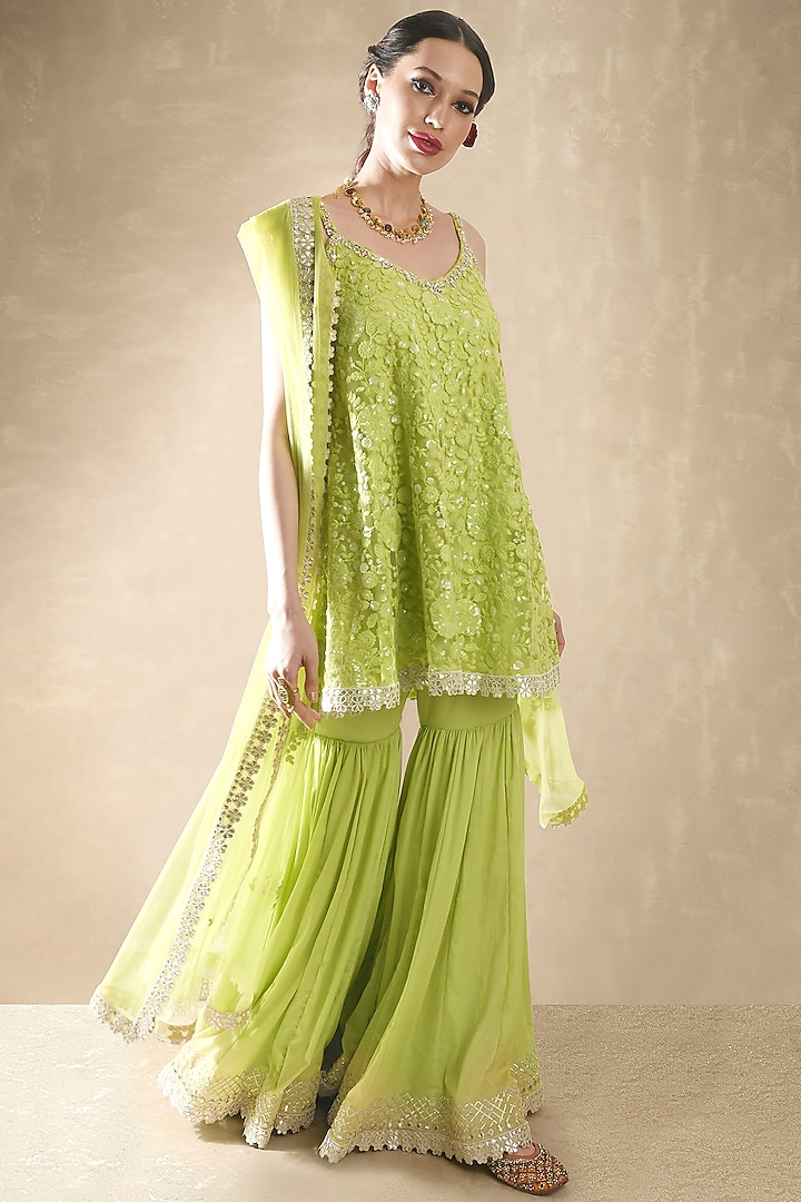 Leaf Green Soft Net Thread Embroidered Gharara Set For Girls by Starflower by Renee Label
