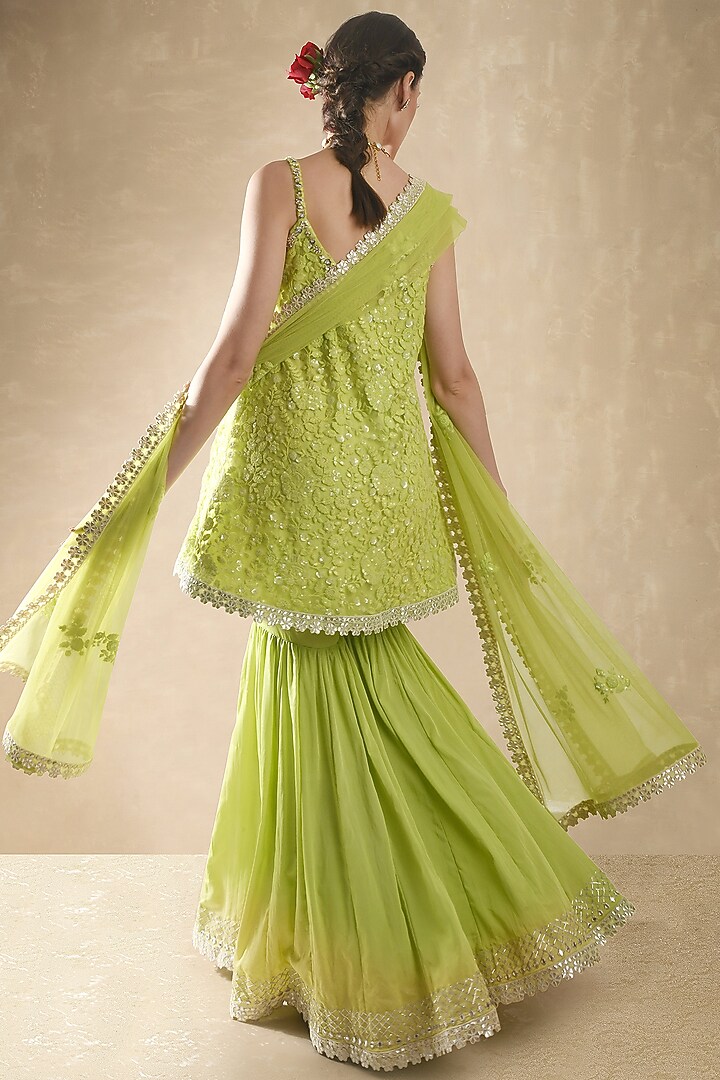 Leaf Green Soft Net Thread Embroidered Gharara Set For Girls by Starflower by Renee Label at Pernia's Pop Up Shop