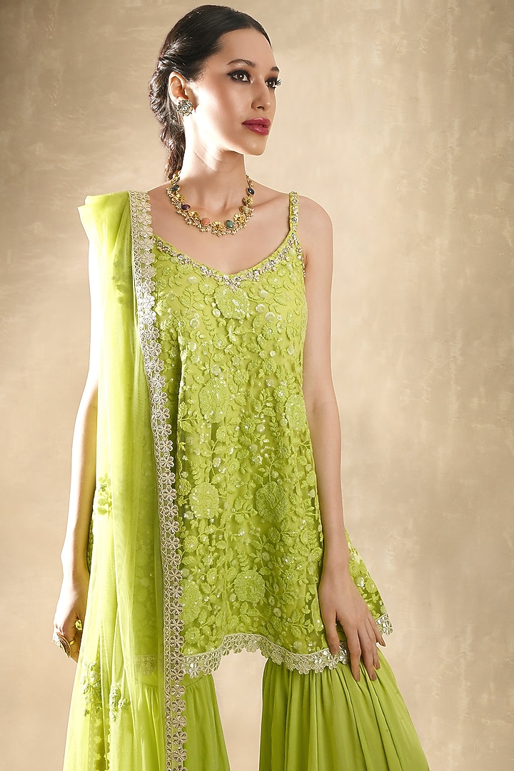 Leaf Green Soft Net Thread Embroidered Gharara Set For Girls by Starflower by Renee Label at Pernia's Pop Up Shop