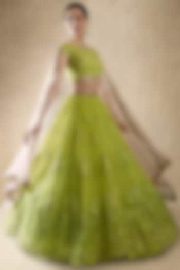 Leaf Green Net Sequins Embroidered Lehenga Set For Girls by Starflower by Renee Label