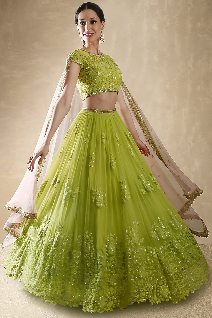 Leaf Green Net Sequins Embroidered Lehenga Set For Girls by Starflower by Renee Label