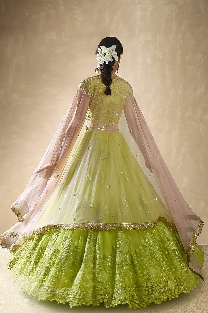 Leaf Green Net Sequins Embroidered Lehenga Set For Girls by Starflower by Renee Label at Pernia's Pop Up Shop