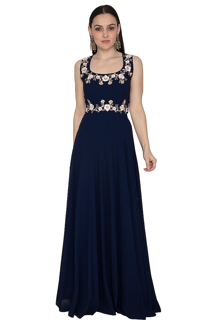 Navy Blue Georgette & Lycra Embroidered Gown For Girls by Starflower by Renee Label