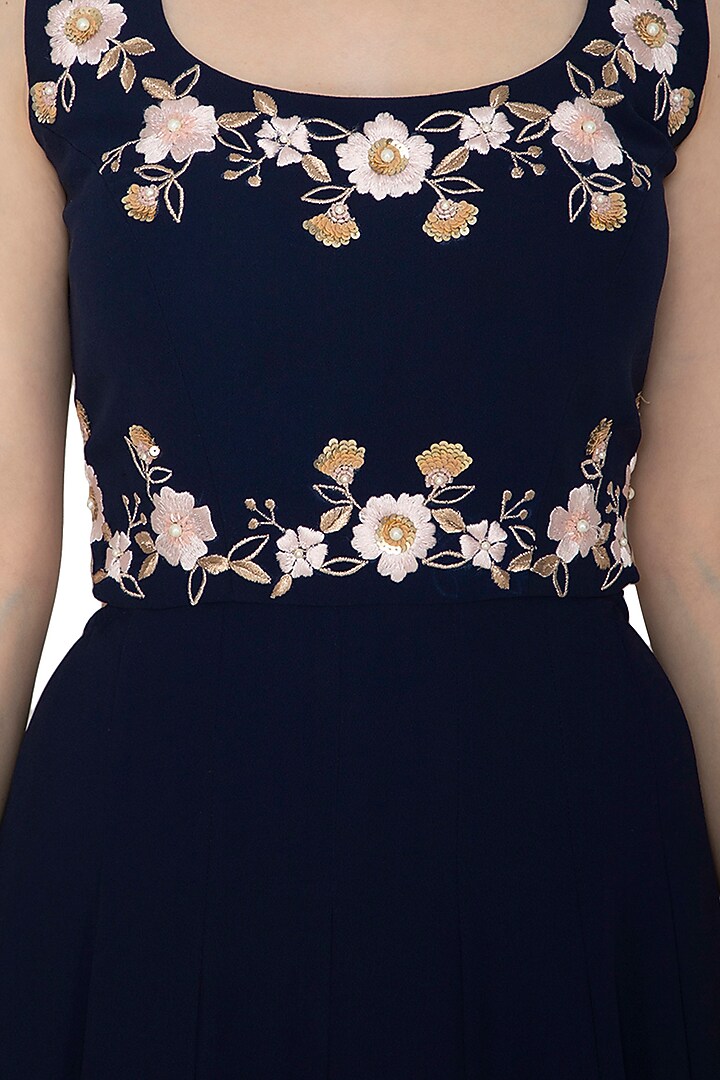 Navy Blue Georgette & Lycra Embroidered Gown For Girls by Starflower by Renee Label at Pernia's Pop Up Shop
