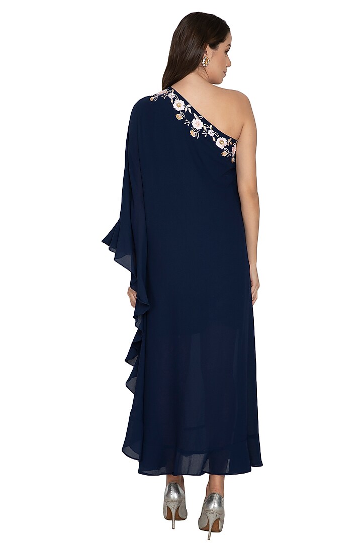 Navy Blue Embroidered Kaftan Set For Girls by Starflower by Renee Label at Pernia's Pop Up Shop