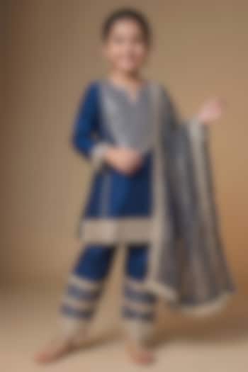 Midnight Blue Semi Dupion Silk Embroidered Choga-Style Kurta Set For Girls by Starflower by Renee Label at Pernia's Pop Up Shop