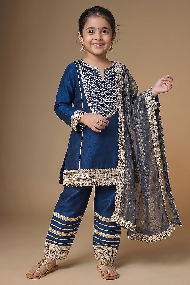 Midnight Blue Semi Dupion Silk Embroidered Choga-Style Kurta Set For Girls by Starflower by Renee Label at Pernia's Pop Up Shop