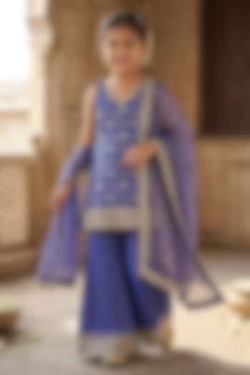 Cobalt Blue Banarasi Viscose Georgette Embroidered Sharara Set For Girls by Starflower by Renee Label at Pernia's Pop Up Shop