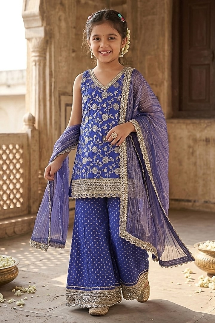 Cobalt Blue Banarasi Viscose Georgette Embroidered Sharara Set For Girls by Starflower by Renee Label at Pernia's Pop Up Shop