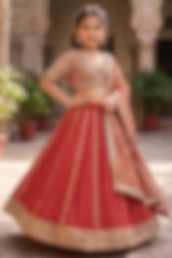 Red Viscose Georgette Embroidered Lehenga Set For Girls by Starflower by Renee Label at Pernia's Pop Up Shop
