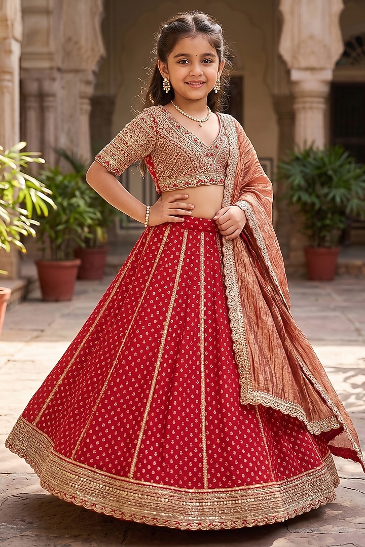 Red Viscose Georgette Embroidered Lehenga Set For Girls by Starflower by Renee Label at Pernia's Pop Up Shop