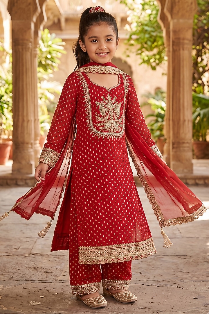 Red Banarasi Viscose Georgette Embroidered Kurta Set For Girls by Starflower by Renee Label at Pernia's Pop Up Shop