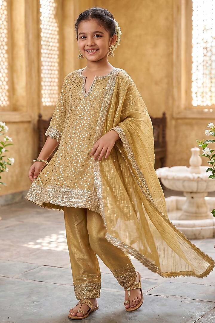 Champagne Gold Viscose Georgette Embroidered Choga-Style Kurta Set For Girls by Starflower by Renee Label at Pernia's Pop Up Shop