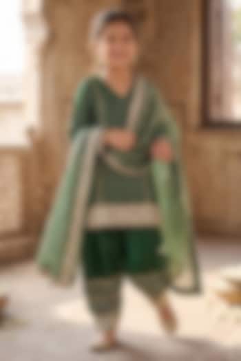 Emerald Green Semi Dupion Silk Embroidered Choga-Style Kurta Set For Girls by Starflower by Renee Label at Pernia's Pop Up Shop