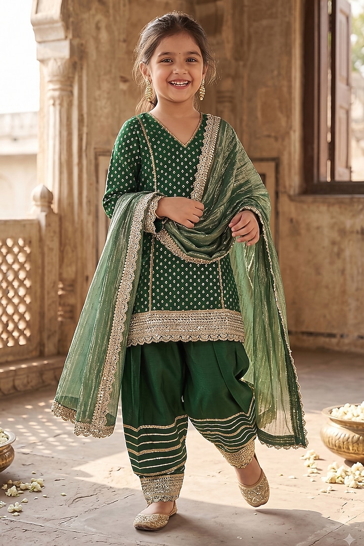 Emerald Green Semi Dupion Silk Embroidered Choga-Style Kurta Set For Girls by Starflower by Renee Label at Pernia's Pop Up Shop