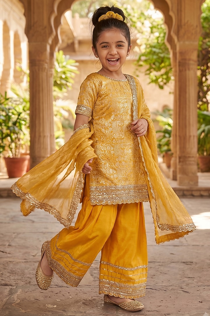 Sunset Yellow Brocade Silk Embroidered Choga-Style Kurta Set For Girls by Starflower by Renee Label at Pernia's Pop Up Shop