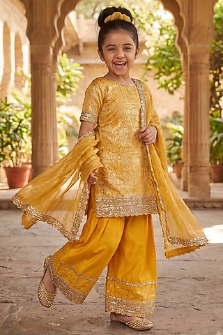 Sunset Yellow Brocade Silk Embroidered Choga-Style Kurta Set For Girls by starflower by renee label