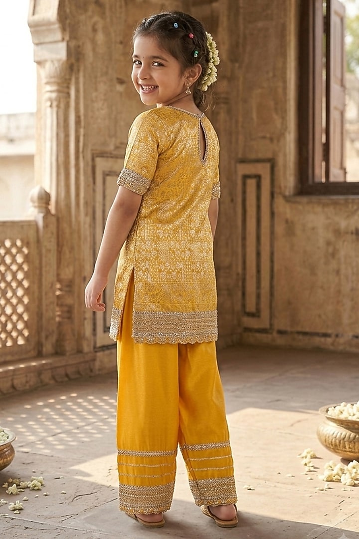 Sunset Yellow Brocade Silk Embroidered Choga-Style Kurta Set For Girls by Starflower by Renee Label at Pernia's Pop Up Shop