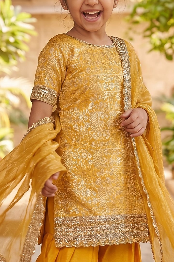 Sunset Yellow Brocade Silk Embroidered Choga-Style Kurta Set For Girls by Starflower by Renee Label at Pernia's Pop Up Shop