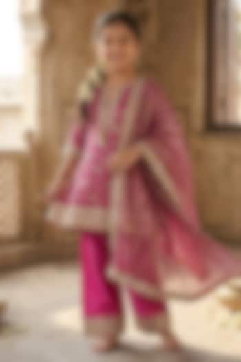 Raspberry Pink Brocade Silk Embroidered Kurta Set For Girls by Starflower by Renee Label at Pernia's Pop Up Shop