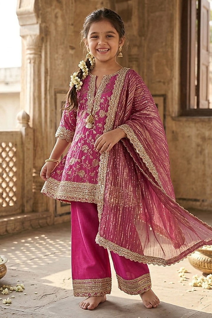 Raspberry Pink Brocade Silk Embroidered Kurta Set For Girls by Starflower by Renee Label at Pernia's Pop Up Shop