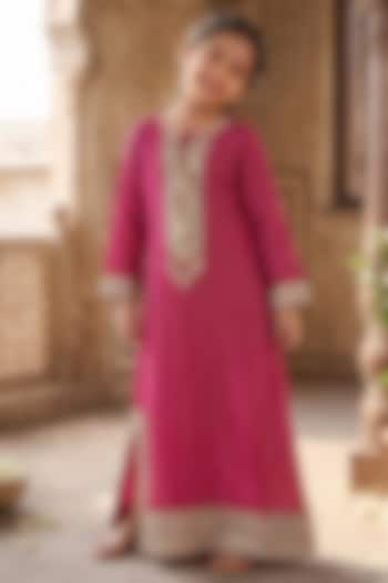 Raspberry Pink Banarasi Viscose Georgette Embroidered Kaftan For Girls by Starflower by Renee Label at Pernia's Pop Up Shop