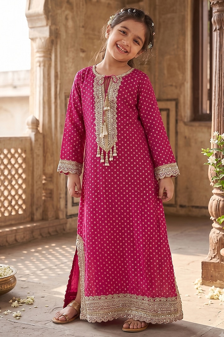 Raspberry Pink Banarasi Viscose Georgette Embroidered Kaftan For Girls by Starflower by Renee Label at Pernia's Pop Up Shop