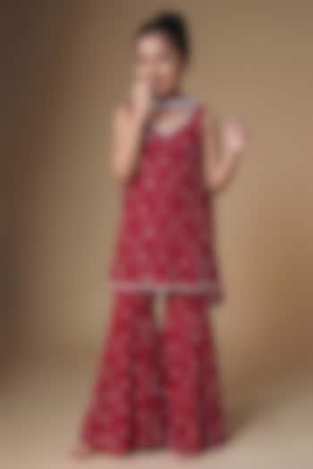 Red Viscose Georgette Embroidered Sharara Set For Girls by Starflower by Renee Label at Pernia's Pop Up Shop