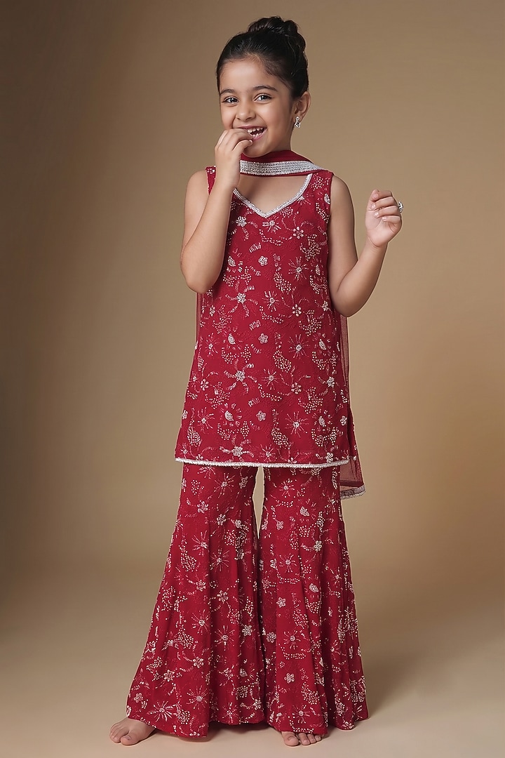 Red Viscose Georgette Embroidered Sharara Set For Girls by Starflower by Renee Label at Pernia's Pop Up Shop