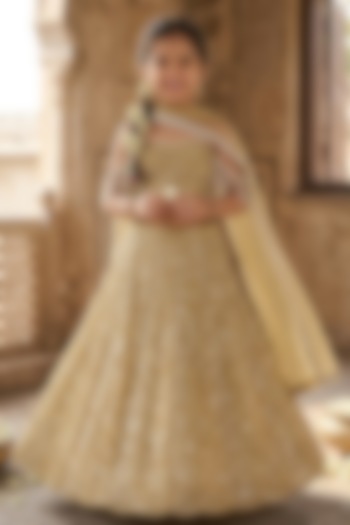 Champagne Gold Viscose Georgette Embroidered Lehenga Set For Girls by Starflower by Renee Label at Pernia's Pop Up Shop