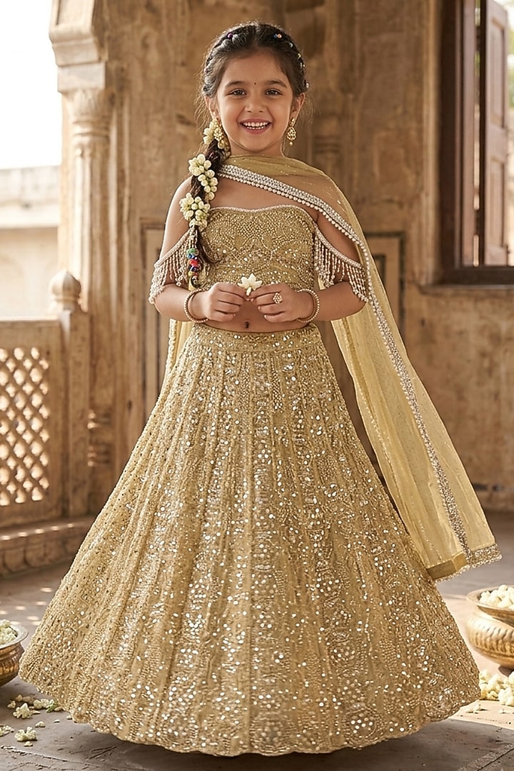 Champagne Gold Viscose Georgette Embroidered Lehenga Set For Girls by Starflower by Renee Label at Pernia's Pop Up Shop
