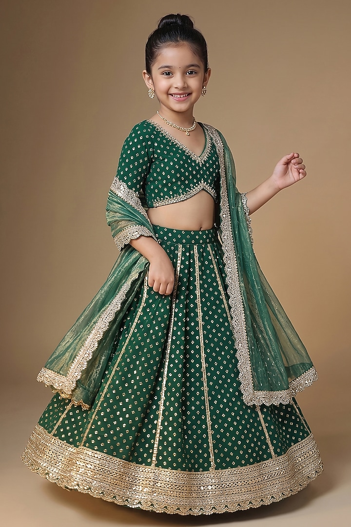 Emerald Green Banarasi Viscose Georgette Embroidered Lehenga Set For Girls by Starflower by Renee Label at Pernia's Pop Up Shop
