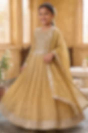 Champagne Gold Banarasi Viscose Georgette Embroidered Anarkali Set For Girls by Starflower by Renee Label at Pernia's Pop Up Shop