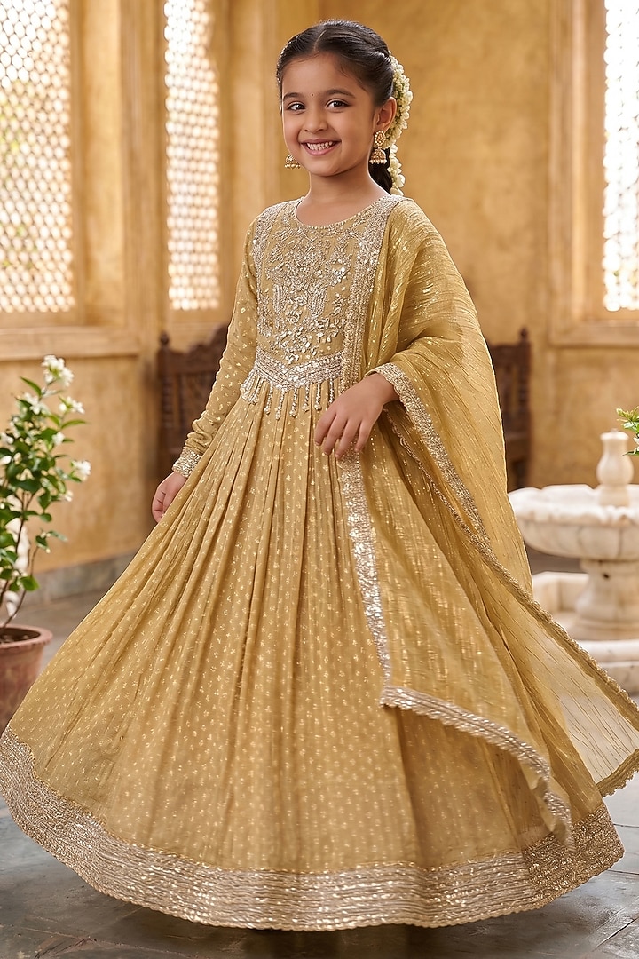 Champagne Gold Banarasi Viscose Georgette Embroidered Anarkali Set For Girls by Starflower by Renee Label at Pernia's Pop Up Shop
