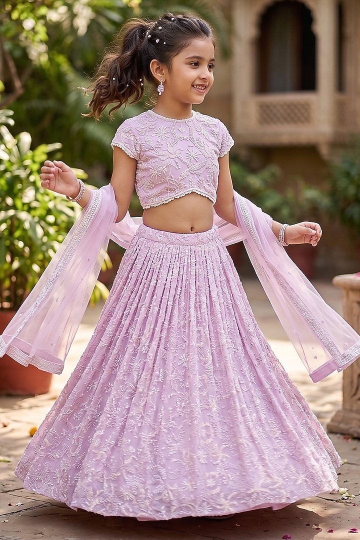 Lilac Viscose Georgette Embroidered Lehenga Set For Girls by Starflower by Renee Label at Pernia's Pop Up Shop