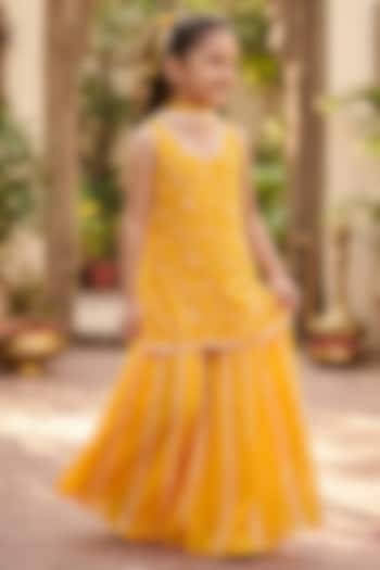 Sunset Yellow Viscose Georgette Embroidered Sharara Set For Girls by Starflower by Renee Label at Pernia's Pop Up Shop