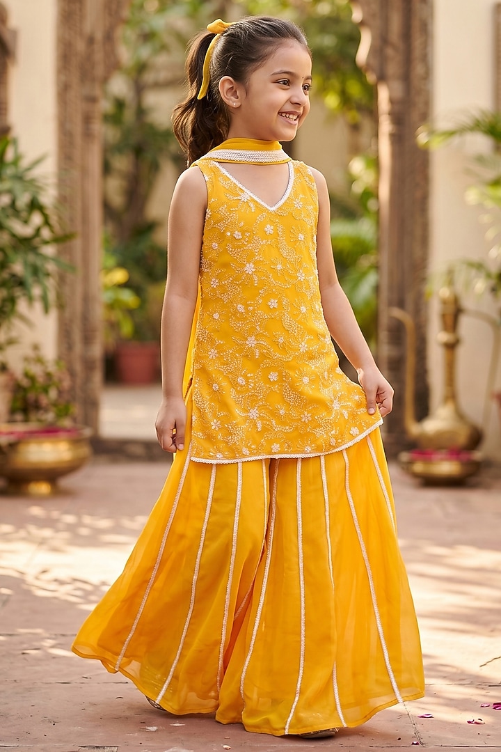 Sunset Yellow Viscose Georgette Embroidered Sharara Set For Girls by Starflower by Renee Label at Pernia's Pop Up Shop