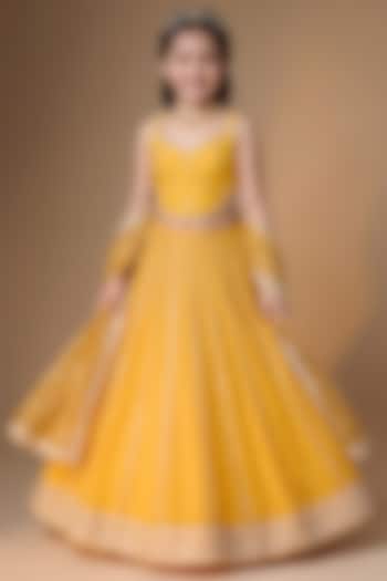 Sunset Yellow Viscose Georgette Embroidered Lehenga Set For Girls by Starflower by Renee Label at Pernia's Pop Up Shop