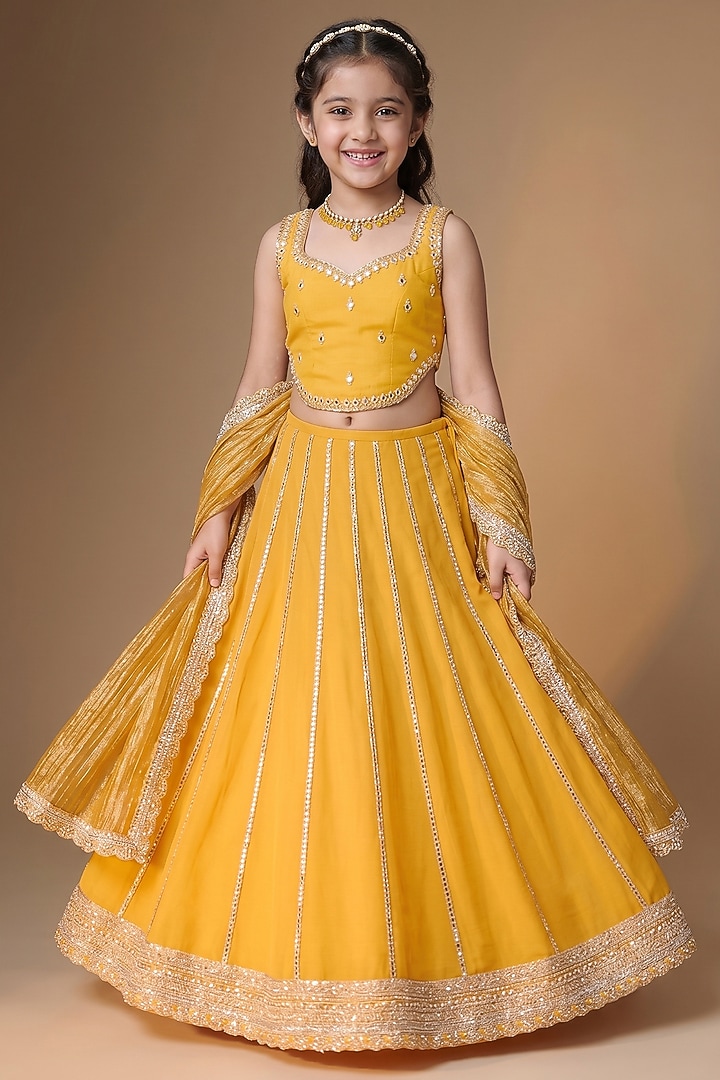 Sunset Yellow Viscose Georgette Embroidered Lehenga Set For Girls by Starflower by Renee Label at Pernia's Pop Up Shop