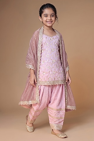 Lilac Brocade Silk Embroidered Kurta Set For Girls by starflower by renee