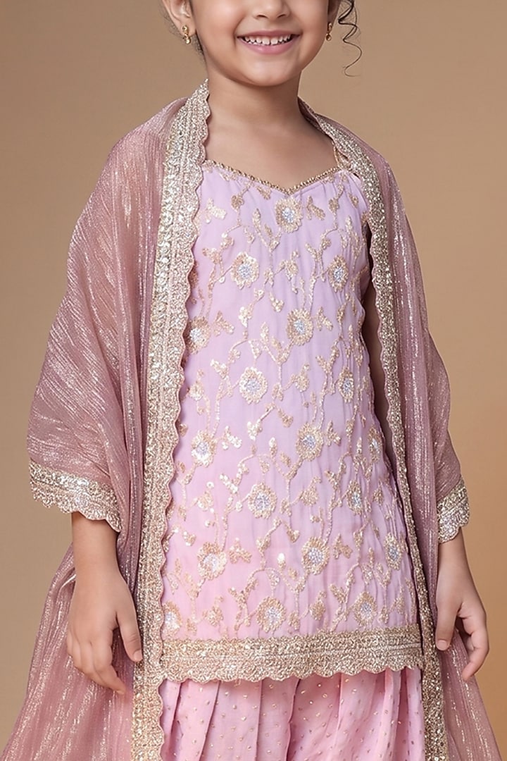 Lilac Brocade Silk Embroidered Kurta Set For Girls by Starflower by Renee at Pernia's Pop Up Shop