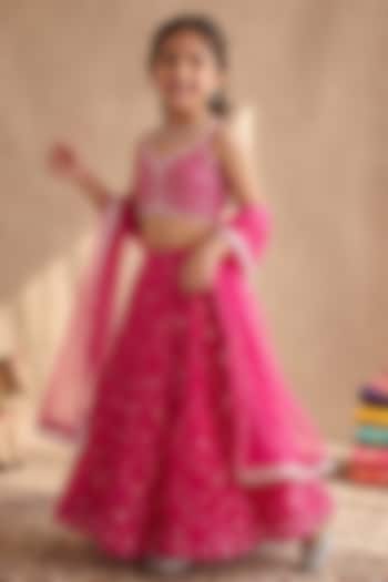 Raspberry Pink Viscose Georgette Embroidered Lehenga Set For Girls by Starflower by Renee at Pernia's Pop Up Shop