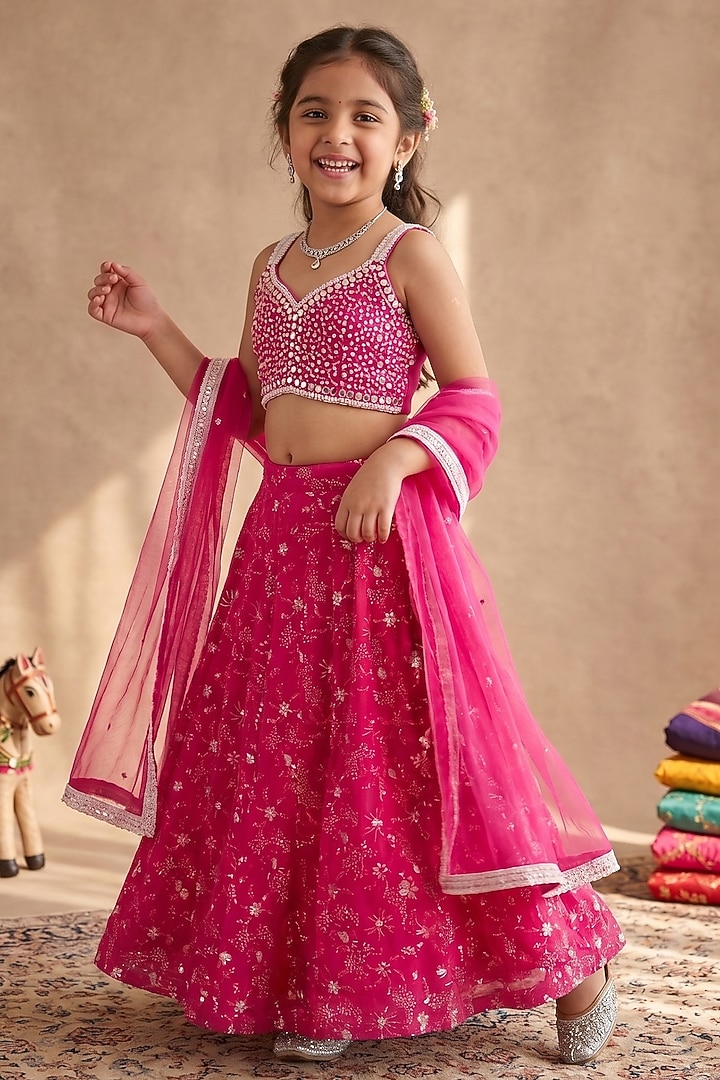 Raspberry Pink Viscose Georgette Embroidered Lehenga Set For Girls by Starflower by Renee at Pernia's Pop Up Shop