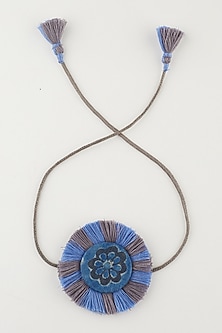 Blue Beaded Textiles Handmade Rakhi With Pouch by Sartorial by Swati-SEND RAKHIS TO AUSTRALIA