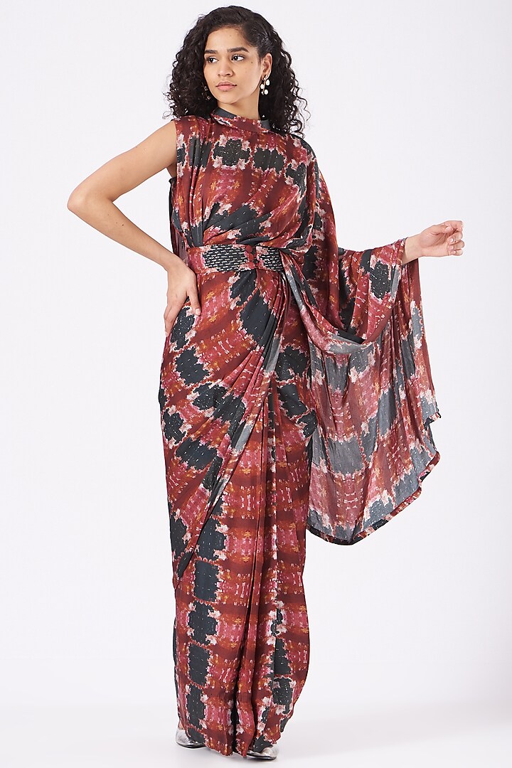 Multi-Colored Pre-Stitched Saree Set With Belt by Studio Surbhi