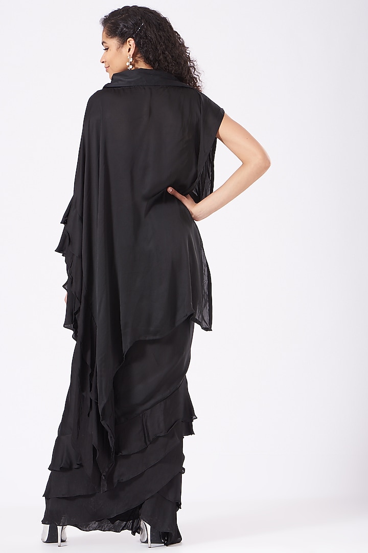 Black Pre-Stitched Frilled Festive Saree Set With Belt by Studio Surbhi at Pernia's Pop Up Shop