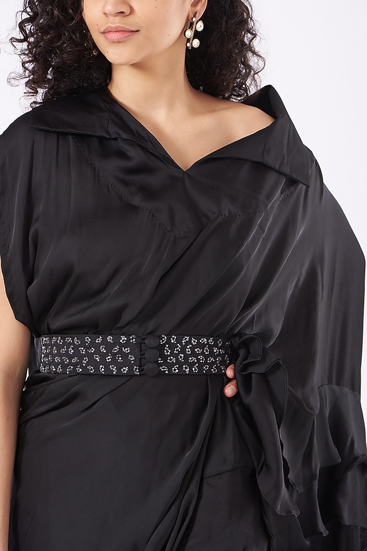 Black Pre-Stitched Frilled Festive Saree Set With Belt by Studio Surbhi at Pernia's Pop Up Shop
