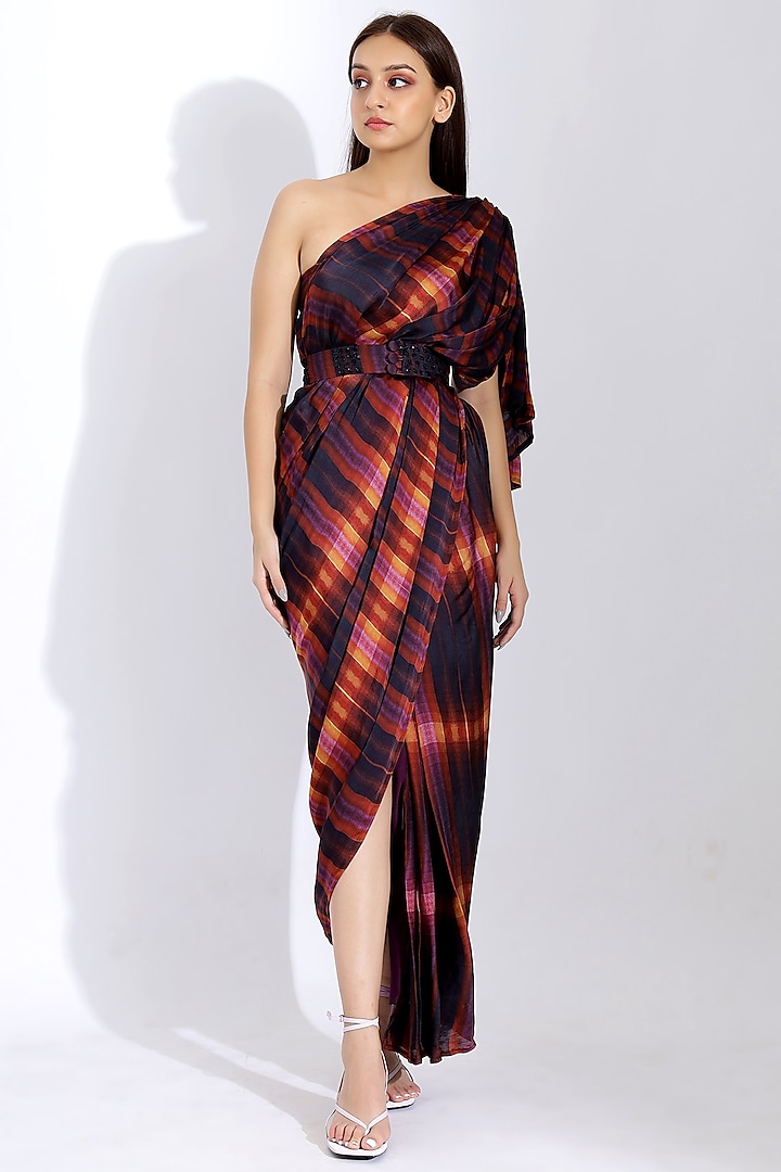 Multi-Colored Georgette Satin Pre-Stitched Slit Saree Set by Studio Surbhi