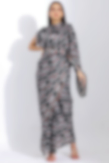 Grey & Black Georgette Satin Pre-Stitched Saree Set by Studio Surbhi