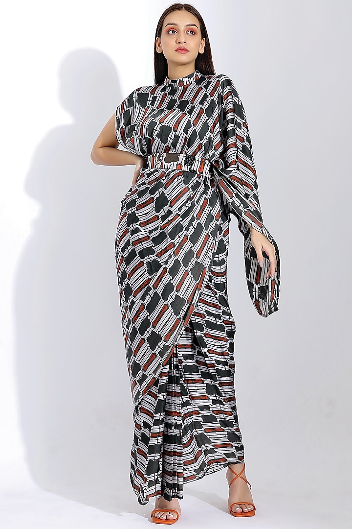 Grey & Black Georgette Satin Pre-Stitched Saree Set by Studio Surbhi